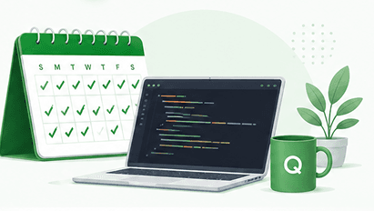 Booking calendar beside a laptop showing code, ready to start